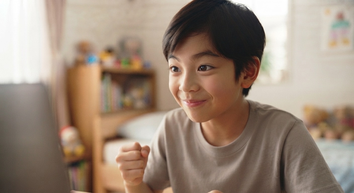 自宅の部屋でノートパソコンに向かい、前のめりで操作している子ども