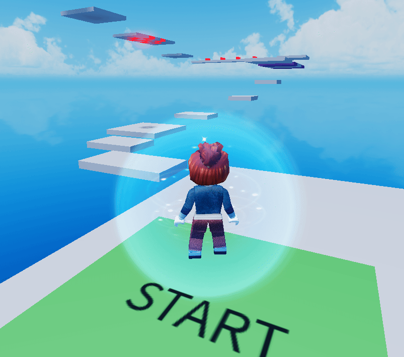 再生中の画面。STARTの床にキャラクターが立っていて、先に足場が続いている