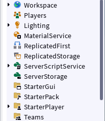 エクスプローラの一覧。Workspace、Players、Lightingなどが縦に並んでいる