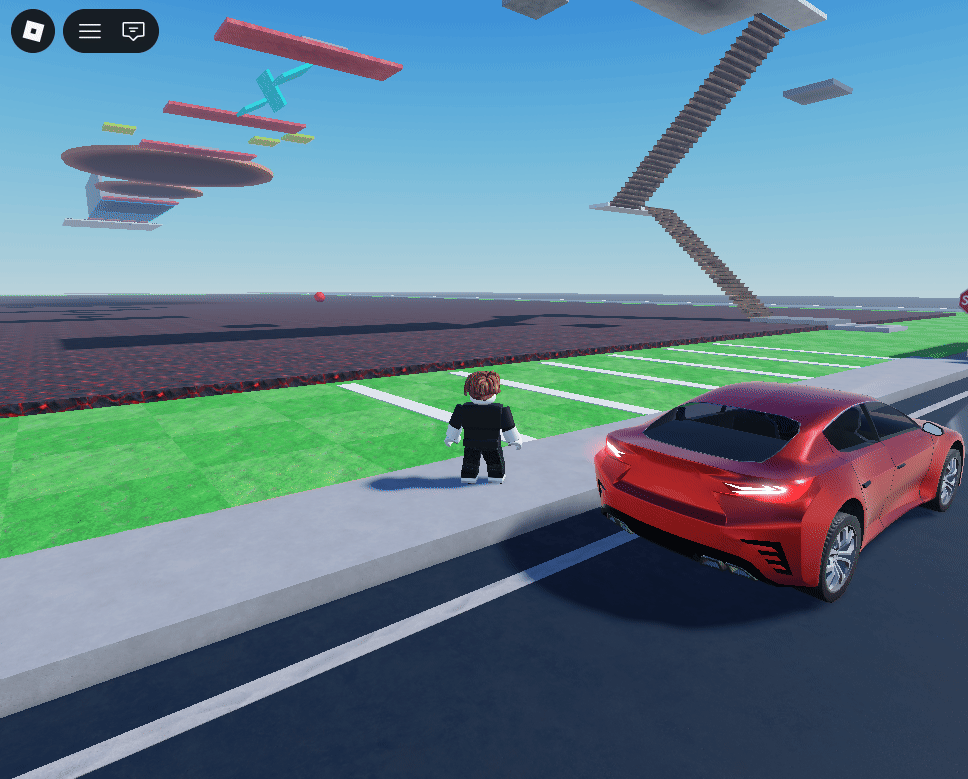 道路に赤い車をとめて、キャラクターがアスレチックのほうを見ている。奥に赤や水色の足場と、長い階段が見えている