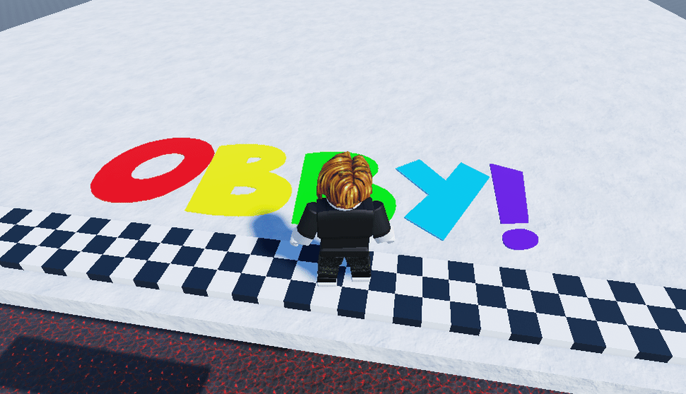ゴール地点。白い床にチェッカー模様のラインと、カラフルな「OBBY!」の文字が並んでいる