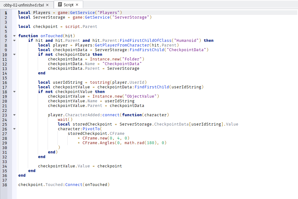 Checkpointの中のScriptを開いた画面。38行のプログラムが並んでいる